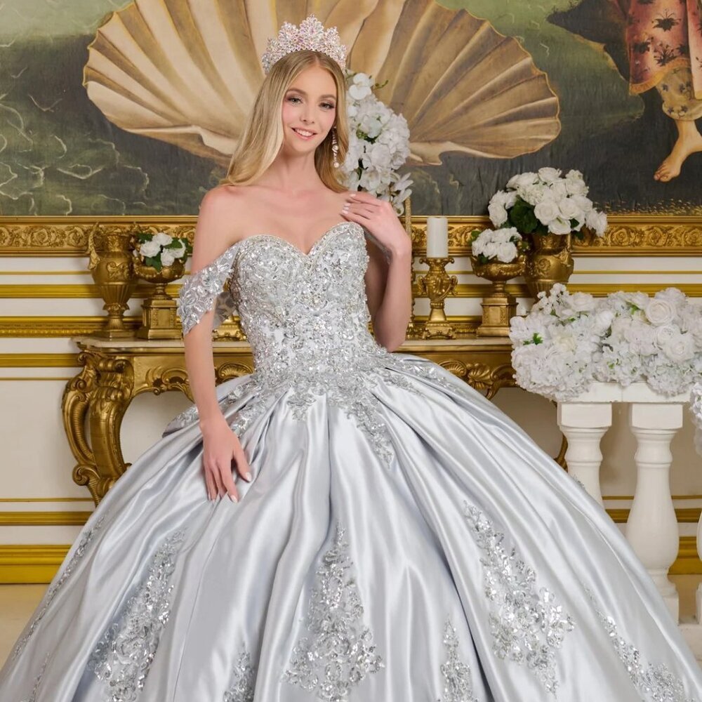 New Formal Lace Up Back Long Quinceanera Satin Gown w/ Off Shoulder Neck GL3643